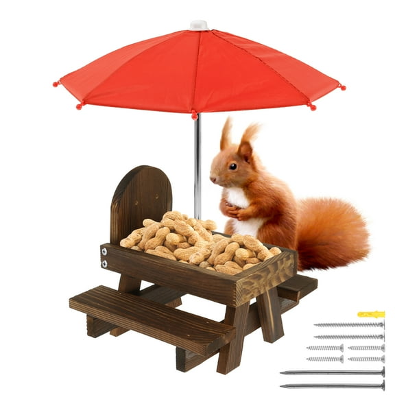 Hvxrjkn Squirrel Feeder Wooden Squirrel Feeder Table with Umbrella Funny Squirrel Picnic Table Feeder with Corn Cob Holder Solid Structure Squirrel Feeders for Outside Yard and Porch Decoration