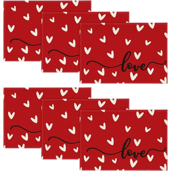 Red Love Placemats Set of 6, 12x18 Inch Seasonal Anniversary Holiday Table Mats for Party Kitchen Dining Decoration