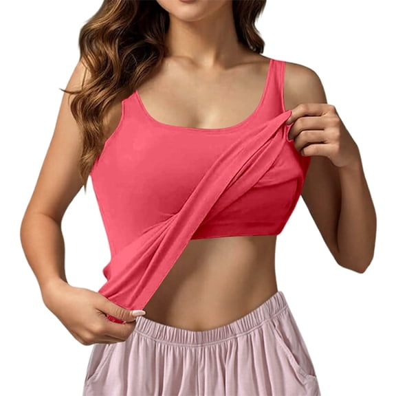 Ulitacool Summer Tank Tops For Womens Sleeveess Seamless Bralette Tank Top With Built In Cups Solid Color Tee Crewneck Blouse Basic Clothes L Watermelon Red