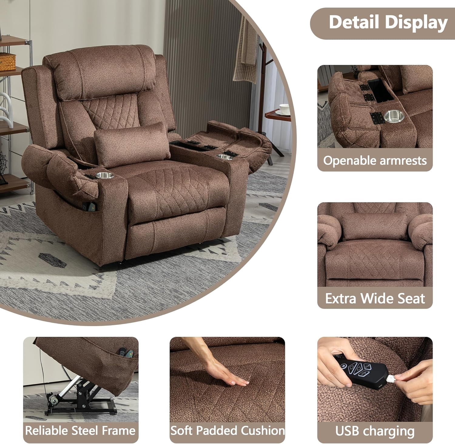 Big Man Power Lay Flat Lift Chair Oversized Recliner Dual Motor Heat Vibration for Elderly, Overstuffed Electric Extra Wide Recliners with Flip Arm Storage Cup Holders,USB Type C Charging