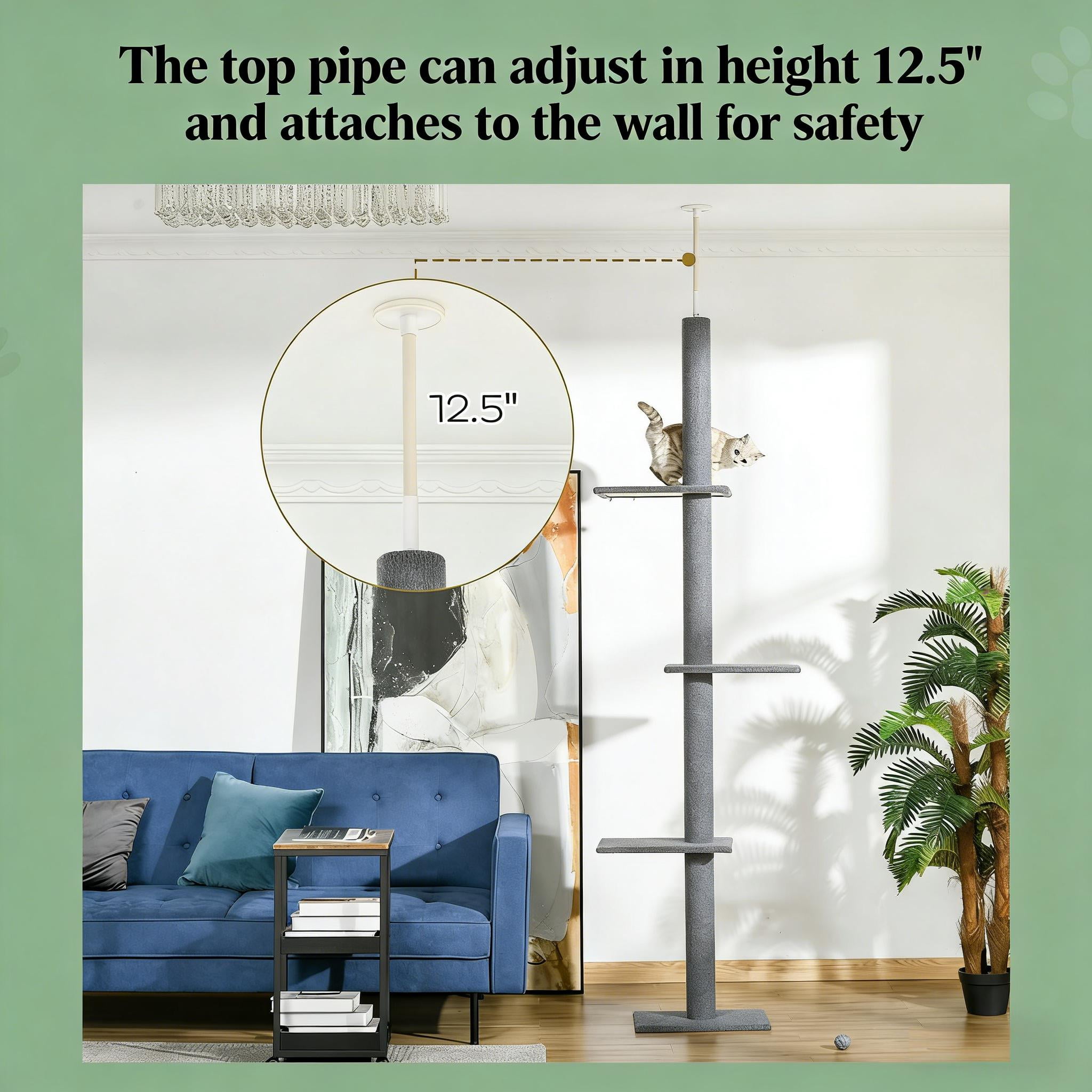 ZephyPaws 89 in Tall Cat Tree Wall Mount,16in Top Perch Bed for Large Adult Cats, Adjustable Cat Tower Floor to Ceiling for Scratch,Climb and Lookout,Gray