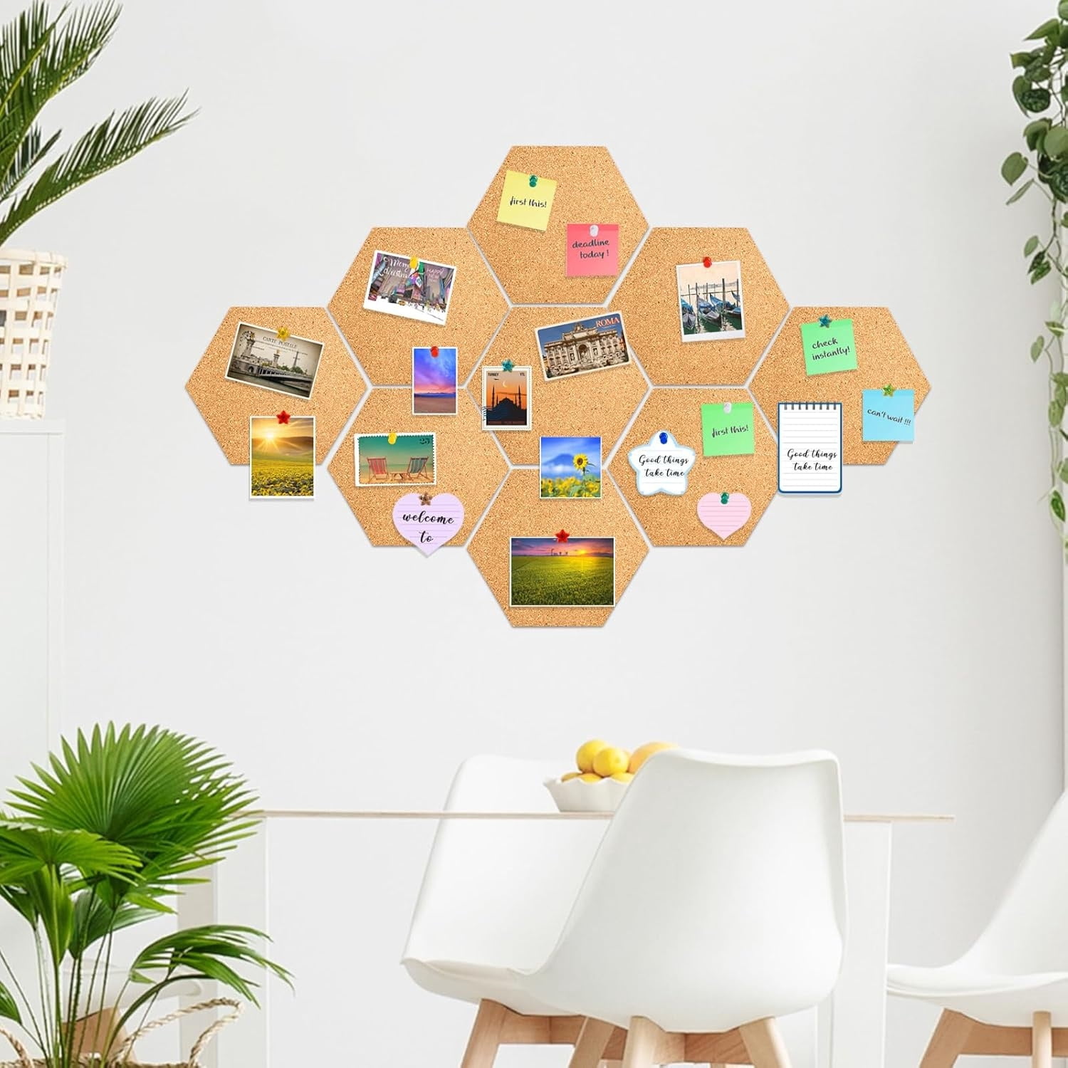 6 Pieces Hexagon Cork Board for Walls,Bexikou 20 x 17.5cm Cork Board Tiles,Self Adhesive Bulletin Board with 100 Pcs Push Pins for Pictures, Photos, Notes, Drawing, Memo