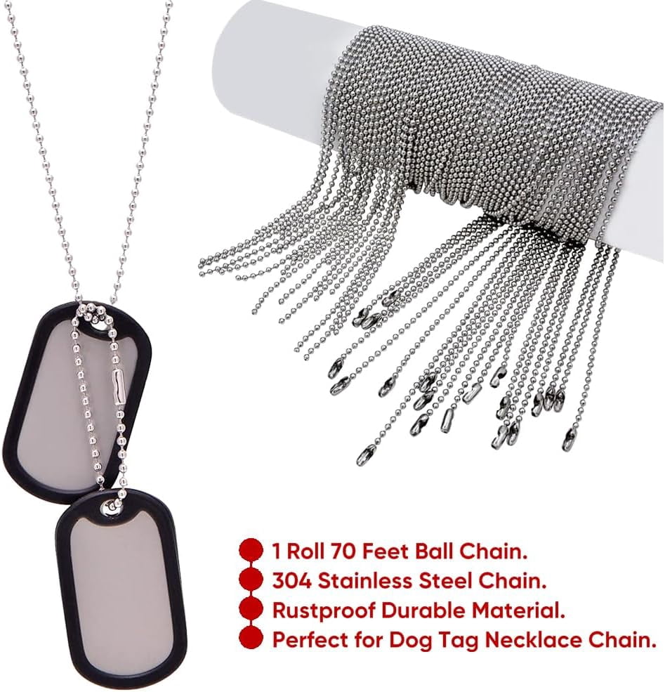 Ball Bead Chain 70 Feet, Stainless Steel Chains Silver with 150pcs Connectors Clasps, Dog Tag Key Chains for Bracelet Making DIY Necklace Crafts, 2.4mm Ball, 1 Roll 21.3 Meters
