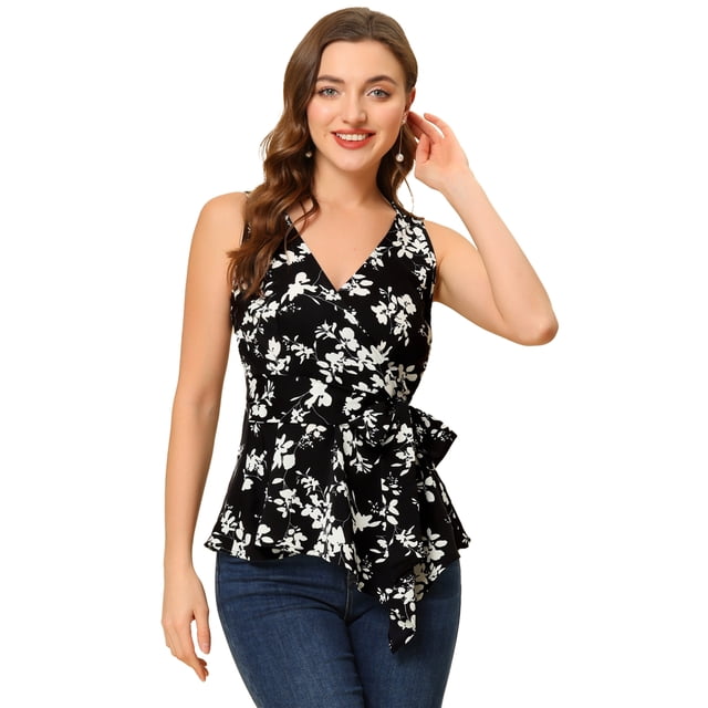 INSPIRE CHIC Top peplum envolvente con dobladillo asimétrico en la cintura con cuello en V sin mangas para mujerNegro Blanco-Floral XS
