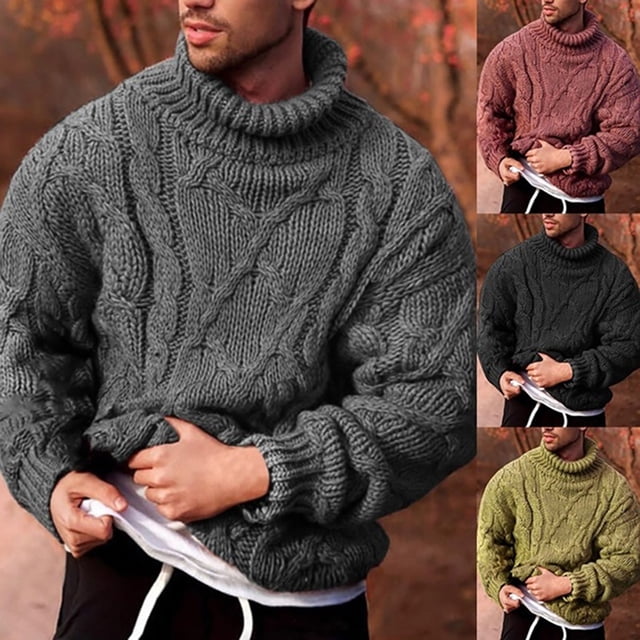 Farfi Moda Hombres Otoño Invierno Twist Braid Knit Suéter Turtle Cuello Jersey Pullover Light Green Farfi Suéter