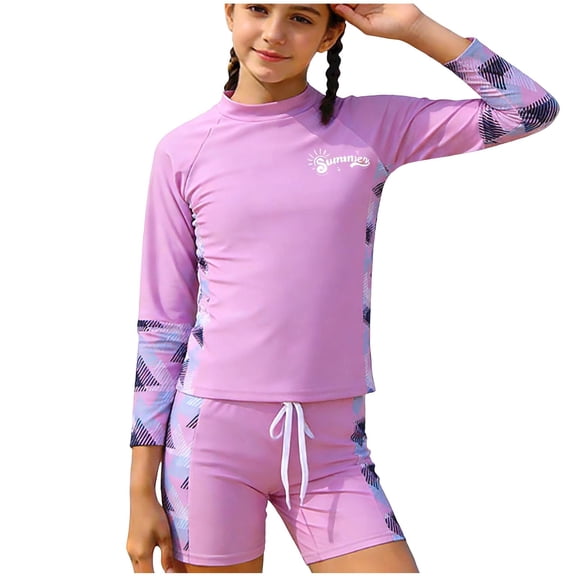 ITSAME Girls Split Swimsuit, Quick-Dry Crewneck Top and Swim Shorts 2-Piece Summer Surfing Quick-Dry Swimwear Pink 3-5T