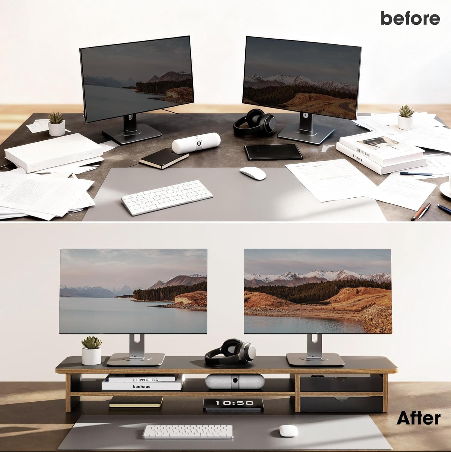 Monitor Stand, Dual Monitor Riser, 42.5inch Large Desk Computer Monitor Stand Riser with Drawer, 2 Tier Wood & Acrylic Desktop Organizer with Cable Management