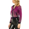 thumbnail image 4 of MODA NOVA Juniors Shiny Ombre Sequin Long Sleeve Zipper Bomber Short Jacket Fuchsia XS, 4 of 5