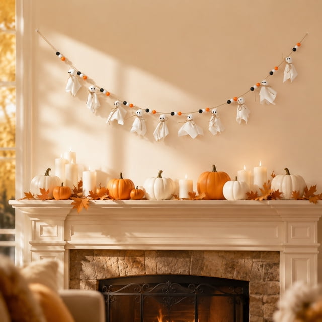 CaiYueKe Halloween Ghost Bead Garland, Decorative Hanging Ghost Ornaments with Beads for Mantel Wall Shelf Party Home Display, Festive Holiday Decor for Indoor Entryway Living Room Bedroom