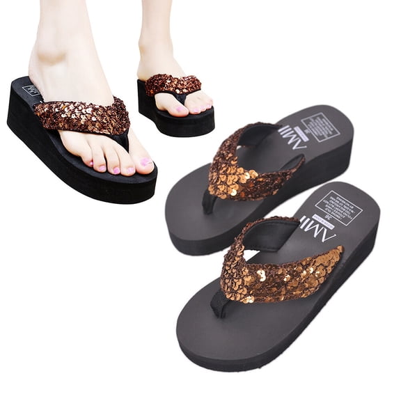 LOLIPPYY Women Rhinestone Sandals Slippers Wedge Heel Coffee 1 Pair Non-slip Casual Fashion-forward