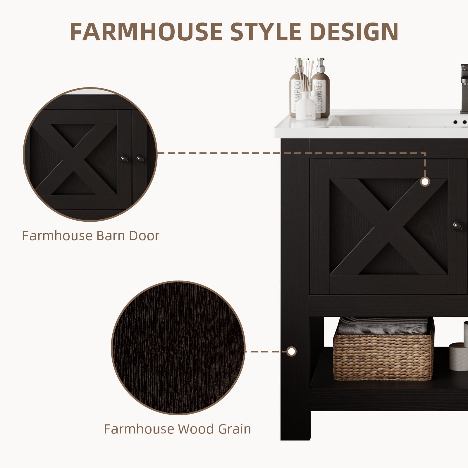 DreamCurship Bathroom Vanity with Sink Combo, 35'' Bathroom Storage Cabinet with Storage, Farmhouse Bathroom Vanity Cabinet with 2 Doors and Open Shelf, Black