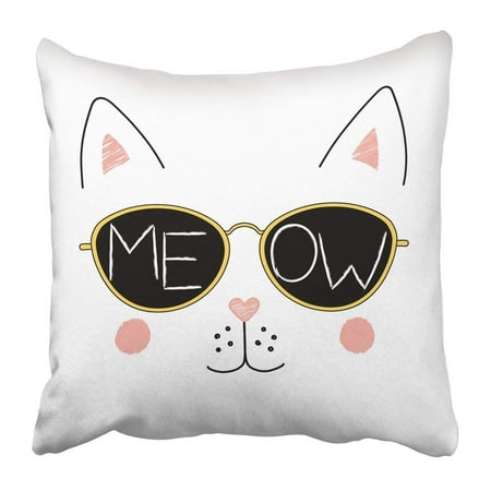 WOPOP Funny Cat Face in Sunglasses with Text Meow Written Inside the Lenses Objects on White Pillowcase 20x20 inch