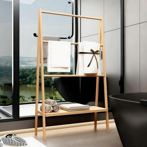 Freestanding Bamboo Wood Towel Ladder Rack with Storage Shelf,4 Tiers,Neutral