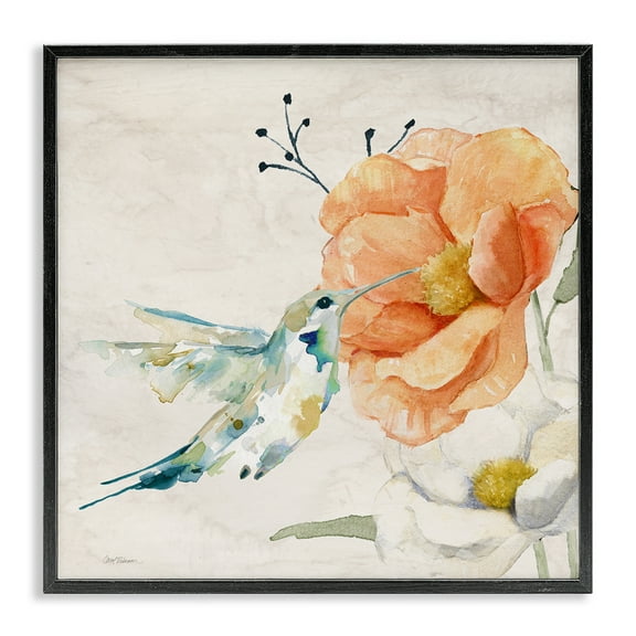 Stupell Industries Blossom & Hummingbird Plants & Flowers Painting Black Framed Art Print Wall Art, 12 x 12