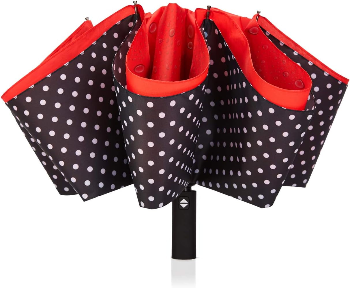 Kabum Inverted Umbrella Double Layer Automatic Folding Reserve Umbrella Windproof UV Protection for Rain Car Travel Outdoor Men Women, Red Dot