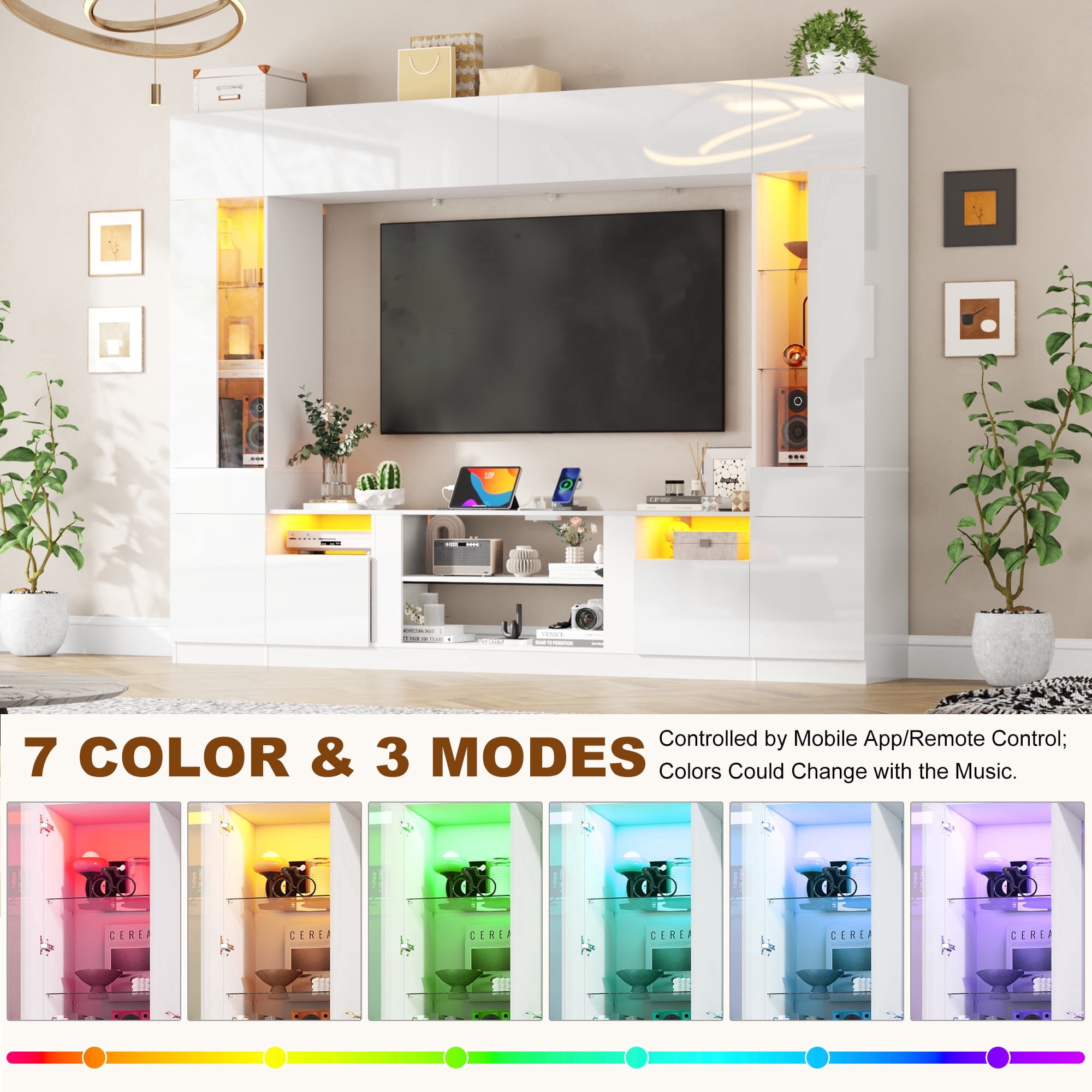 ANPOO 107" Large Wall Unit Entertainment Center with Bookshelves & LED Lights and Storage Shelves, Modern High Glossy TV Stand Media Console Table with Bridge Cabinet for Living Room & Home Theater