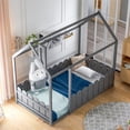 thumbnail image 2 of Twin House Bed, Floor Bed with Roof and Fence, Solid Wood Bed Frame for Kids Teens Girls Boys, Not included Slats, Box Spring Needed, No Limit Weight Capacity, Gray, 2 of 7