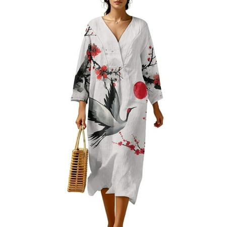 COEQINE Women's Midi Dress 3/4 Sleeve Wrap V-Neck Casual Sundress, Loose Fit Linen-Like Oriental Tunic Dress for Women, Machine Washable, Size S, Ink Crane Bird Plum Rising Sun