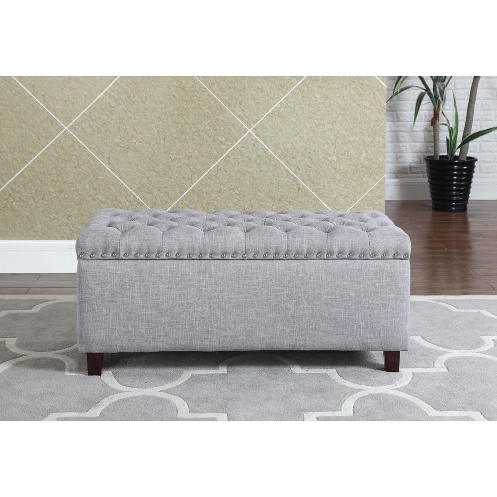 Button Tufted Storage Ottoman with Nailhead, Gray Color
