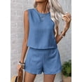 thumbnail image 6 of Womens 2 Piece Summer Linen Outfits Short Sets Round Neck Sleeveless Tank Top Elastic High Waisted Shorts Blue M, 6 of 8