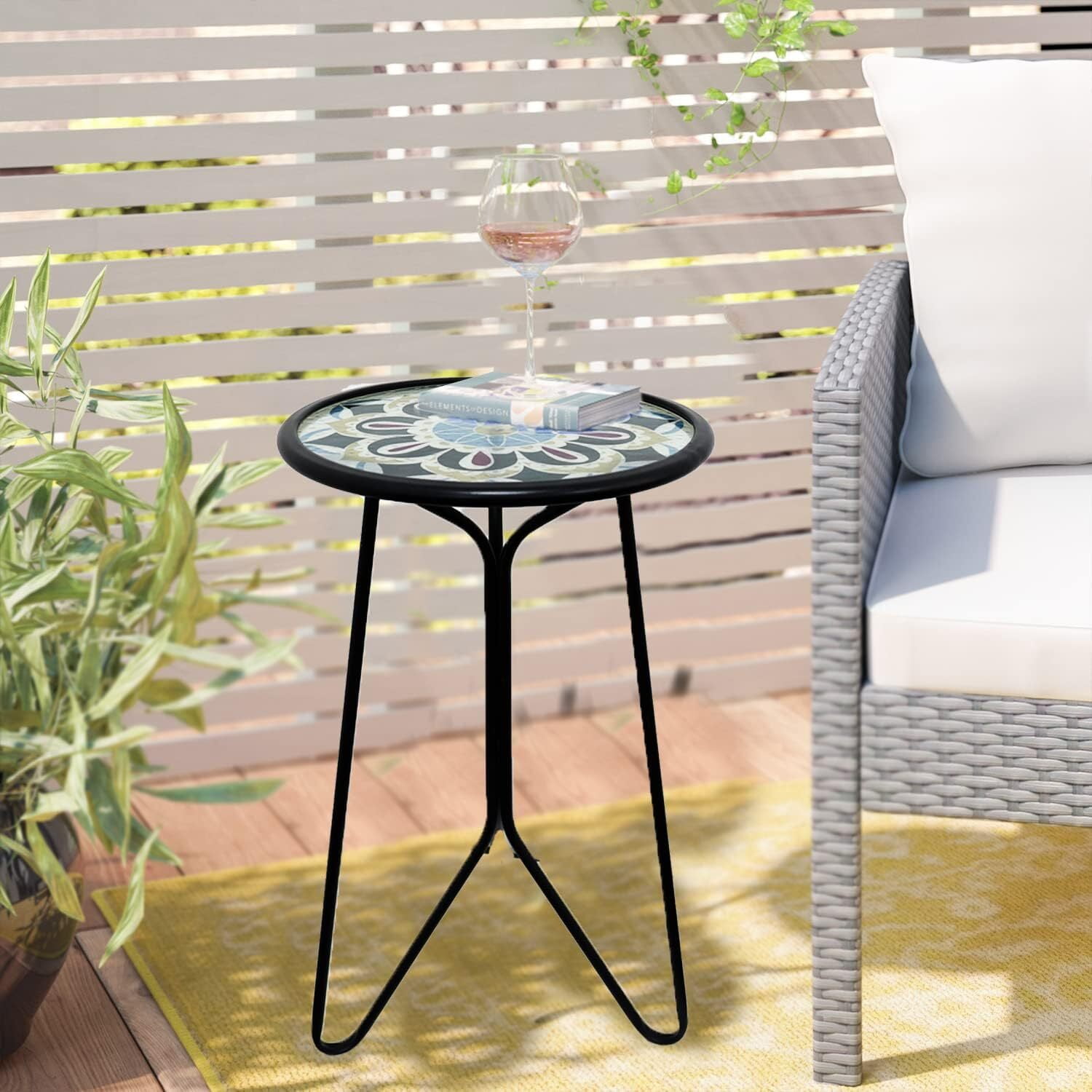 Liffy Outdoor Mosaic Table - Stylish Flower Art Design Metal & Glass End Table-Plant Stand for Patio, Balcony and Living Room - 12x12x22 inches