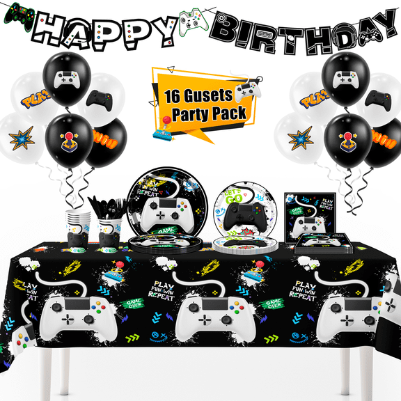 Video Game Party Decorations for Boys,140pcs Gamer Birthday Decorations & Party Tableware Set - Watercolor Video Game Party Plates Napkins Tablecloth Balloons Banner etc Gaming Party Supplies