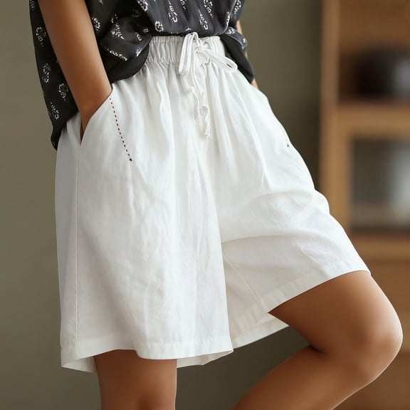 Cagogo Women's Plus Size Flowy Elastic Waist Shorts Loose Geometric Boho Vacation Casual Regular Fit Trousers Summer Beach Lounge Clothes, White M