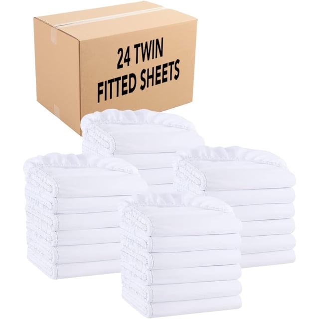 GFDYREE Arkwright Bulk Fitted Microfiber Sheets - (Case of 24) Color-Coded Hem Threads Bedding Essentials Supplies for Hosts of Hotel, Motel, or Rental Properties, White, Twin