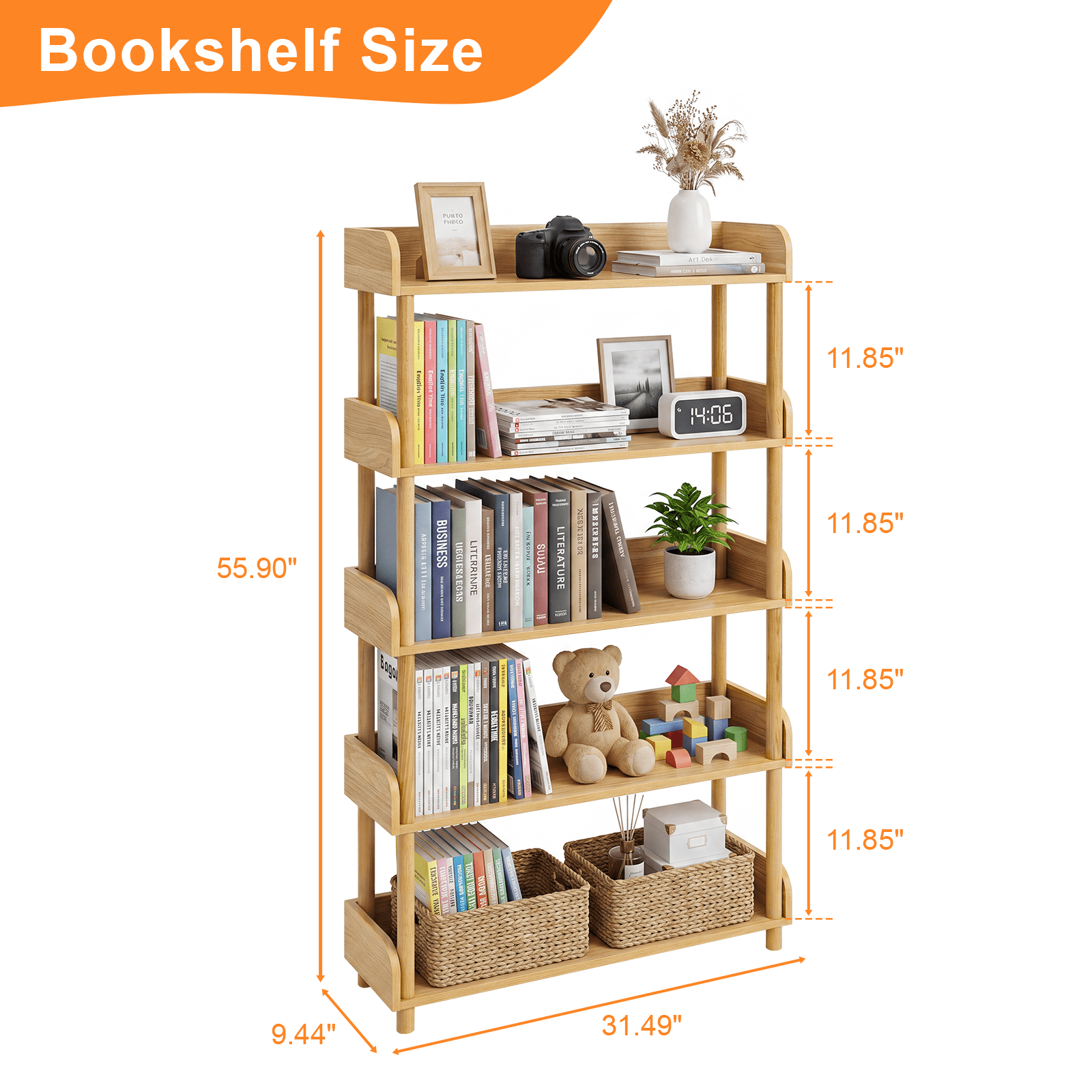 GARITIN 5 Tier Wood Bookshelf, Freestanding Display Shelf with Open Storage Shelves and Solid Wood Legs for Home Office Living Room, Wood