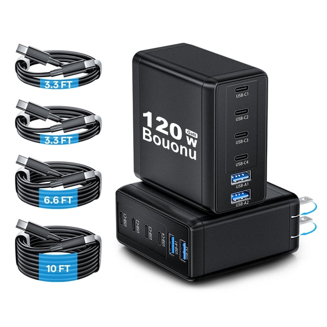 Bloque de cargador USB C de 120 W, GaN tipo C, carga rápida, 6 puertos