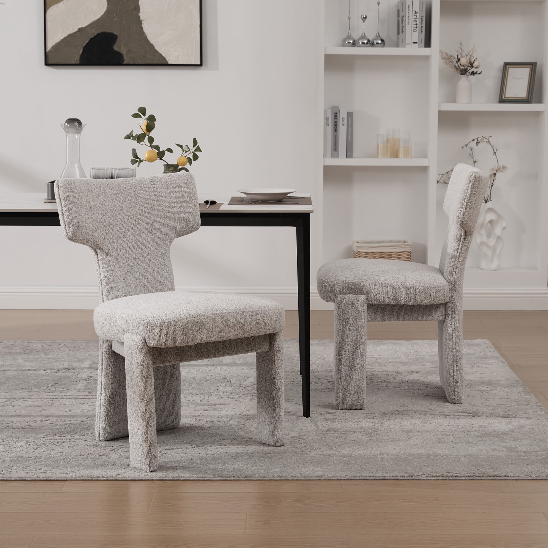 Noble House Morse 22" Chenille Dining Chair Set of 2, Armless Curved Back Accent Chairs with Rubberwood Legs, Beige