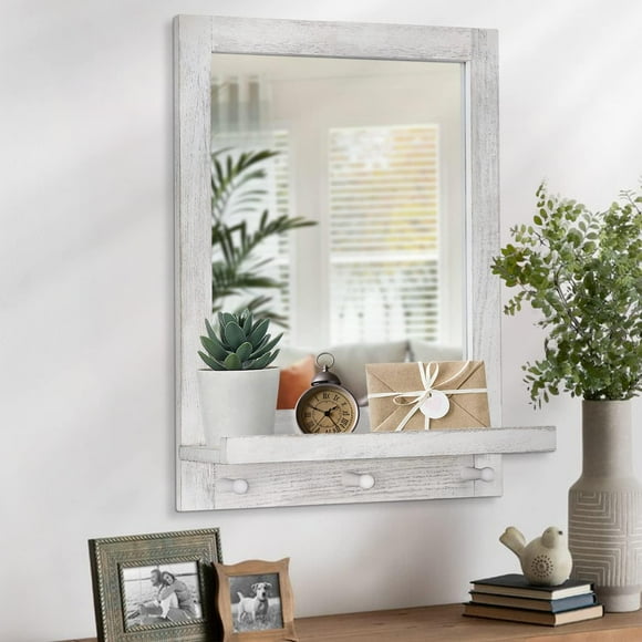 AOAOPQ Wall Mirror for Bathroom Farmhouse Mirrors Hanging Rustic Wash White Large Wall Mirror with Shelf Vanity Rectangle Decorative Bedroom Entryway Living Room Front Door Wood Frame Mirror