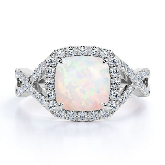 JeenMata 4-Prong Halo - 1.2 TCW Round Rainbow Opal and Moissanite - Pave Accented Engagement Ring - 18K White Gold Plating over Silver