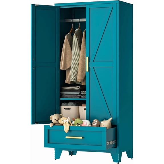 71" Tall Metal Wardrobe Cabinet with Drawer and Hanging Rod, 2 Doors Armoire Wardrobe Closet with Shelf for Bedroom, Office, Laundry Room, Blue