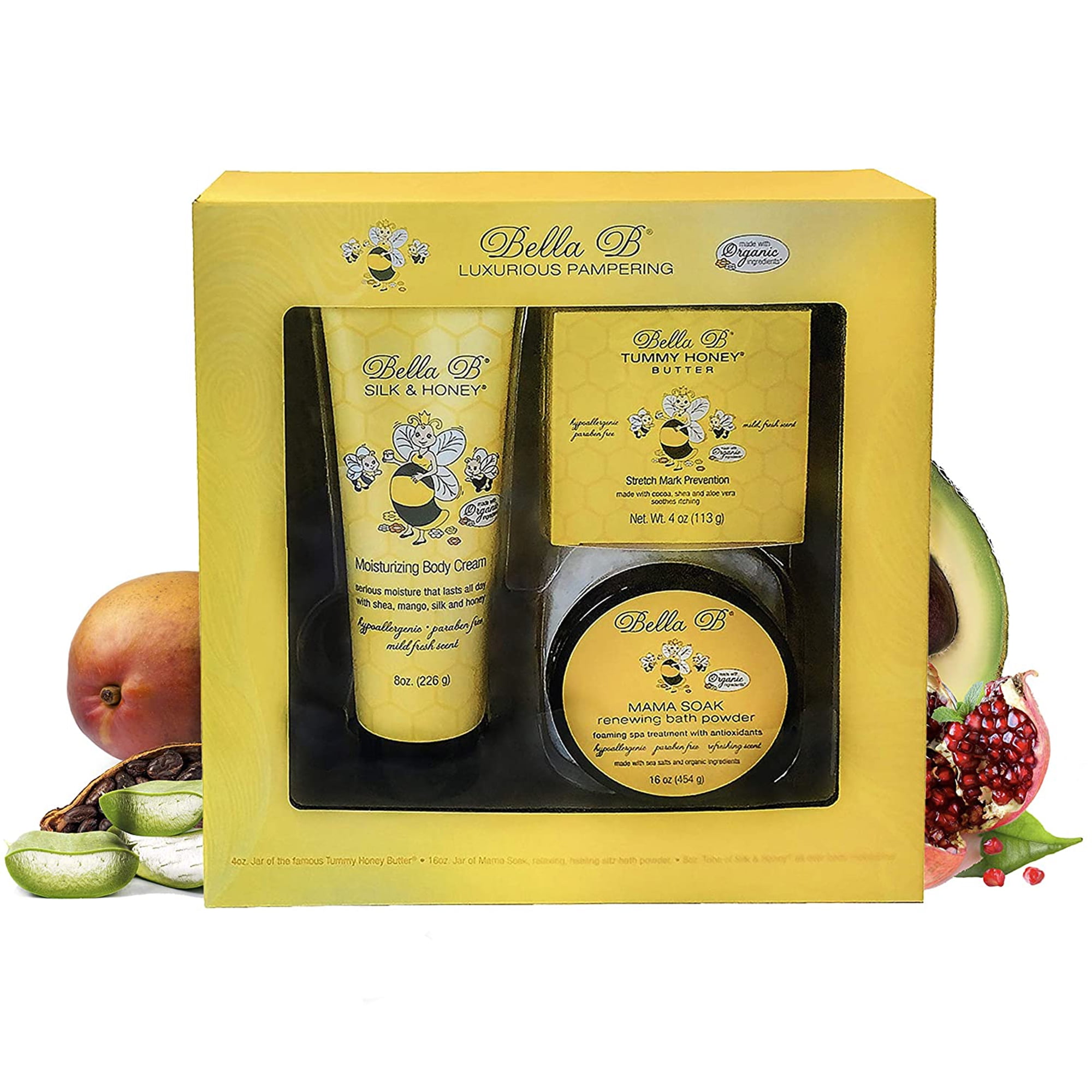 BELLA B 3-Piece Gift Set - Pregnancy Gifts For First Time Moms - Pregnant Mom Gifts - Mom To Be Gifts - Pregnancy Gift Basket - Sitz Bath Soak - Honey Tummy Butter - Silk And Honey Moisturizing Cream