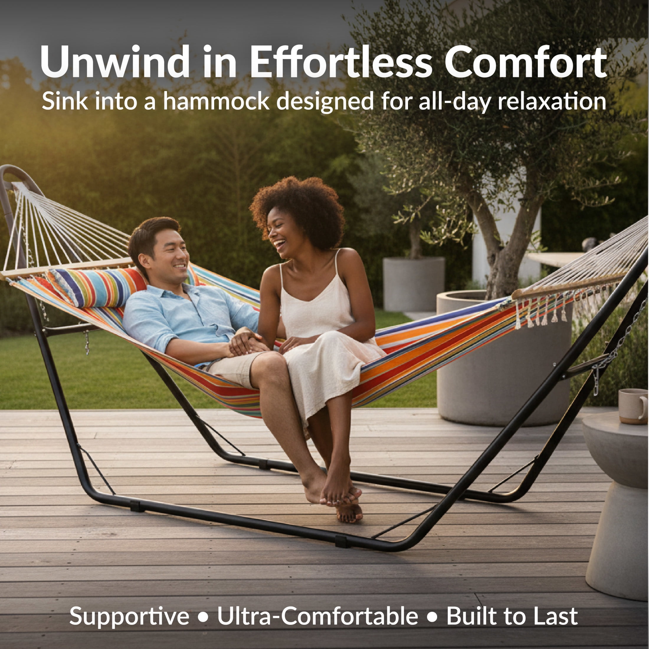 Sunnydaze 2-Person Polyester Spreader Bar Hammock with Stand, 440 lb Capacity - Caribbean Stripe