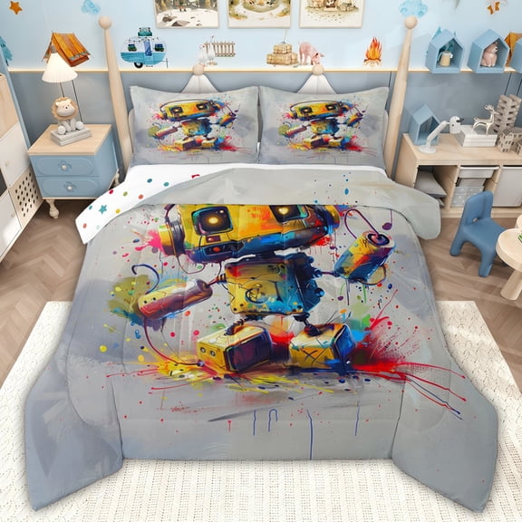 Feelyou Cartoon Robot Kid Twin Comforter Sets, Yellow Splatter Splash Bedding Set, 2-Piece