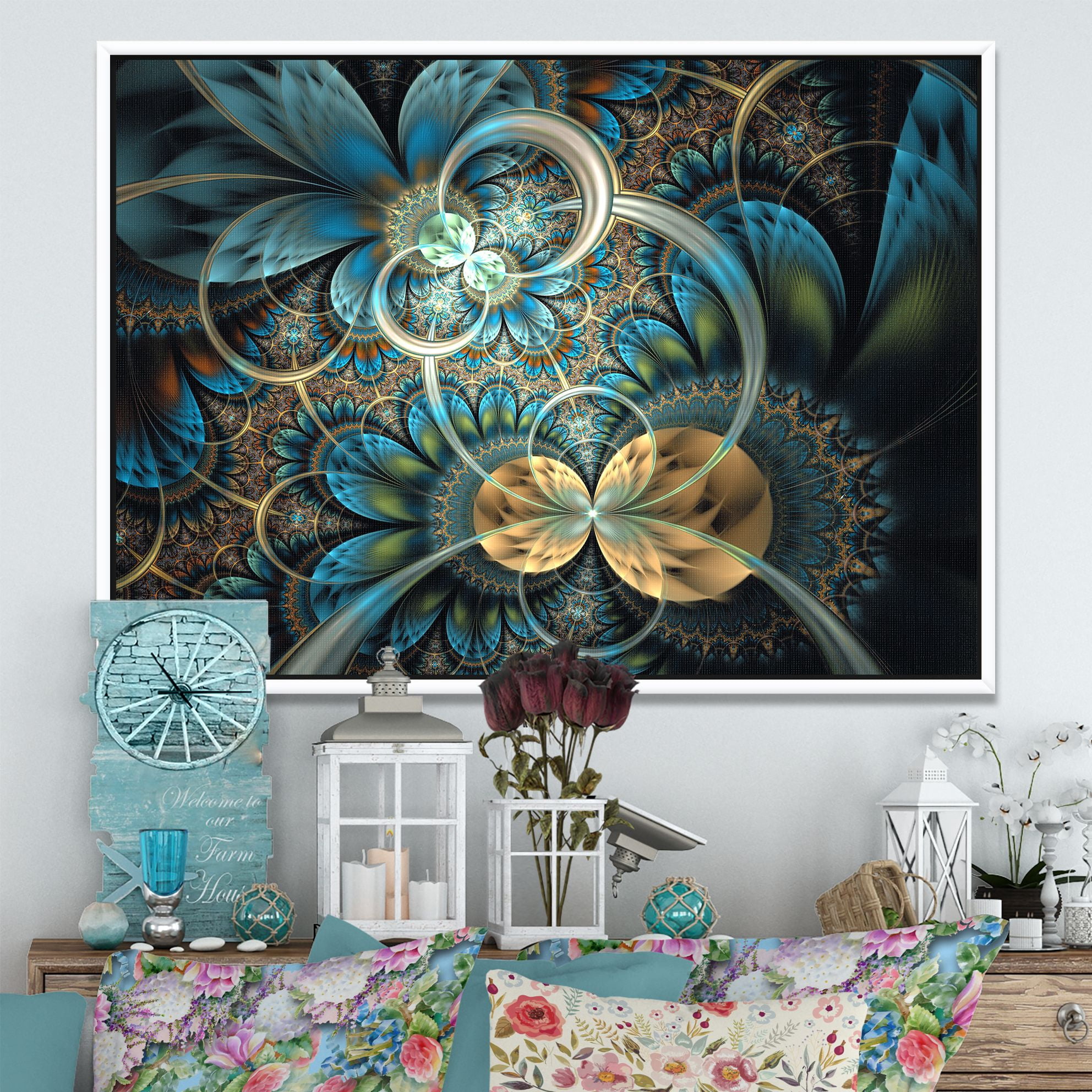 Designart ' Symmetrical Blue Gold Fractal Flower ' Abstract Print On Framed Canvas