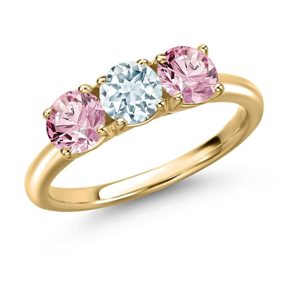 Gem Stone King 10K Yellow Gold Sky Blue Aquamarine and Pink Lab Grown Diamond Engagement Ring for Women | 1.50 Cttw | Round 5MM | Gemstone March Birthstone | Size 6