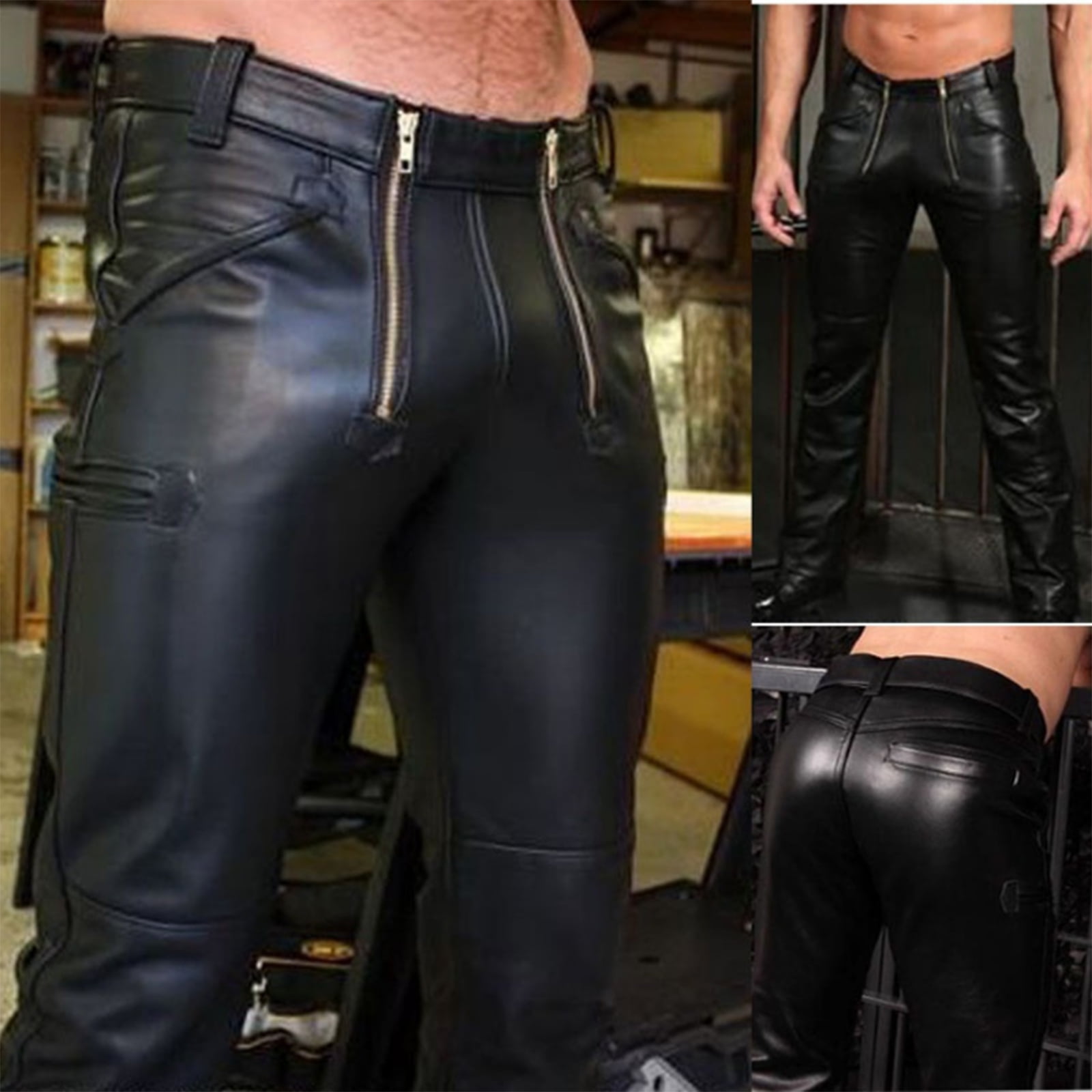 men's pants fashion casual large size zipper leather leather pants trousers cargo pants for men -