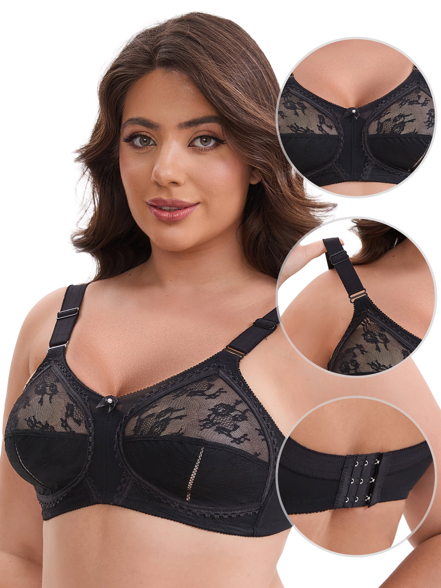 DARING DIVA Women's V-Neck Full Cup Wireless Adjustable Straps Bralette Lace 36C Black