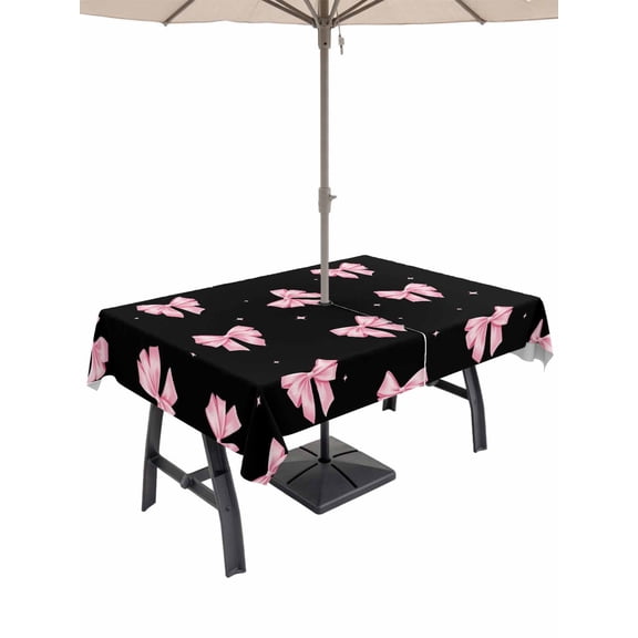 Outdoor Tablecloth with Umbrella Hole and Zipper, Valentine's Day Rectangle Table Cloth 60x84 Inch Waterproof Tablecloth, Pink Bows Shining Stars Modern Black Picnic Table Cover for Patio Camping