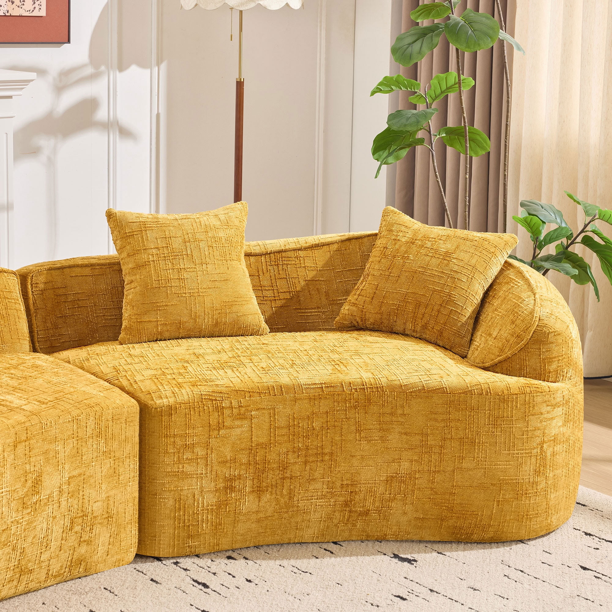 MAYEERTY 4-Seat Curved Compressed Sectional Sofa, Upholstered Cloud Modular Couch with Throw Pillows, No Assembly for Living Room Apartment Small Spaces