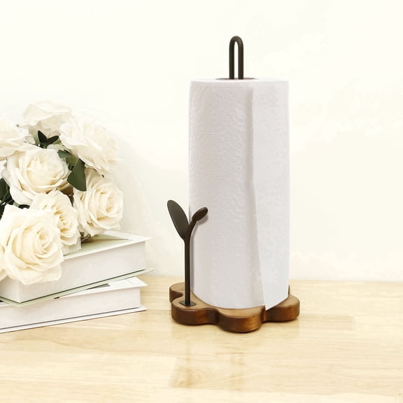 FUYGRCJ Paper Towel Holder Countertop, Standing Kitchen Roll Dispenser with Decorative Floral Base, Heavy Duty Farmhouse Towel Stand Organizer with Dual Iron Rods, Anti Slip Weighted Base