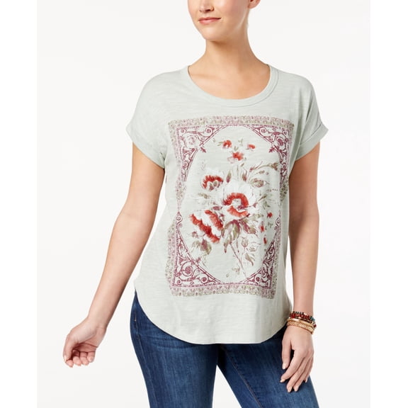 Style & Co Cotton Embroidered Printed T-Shirt Floral Frame XS