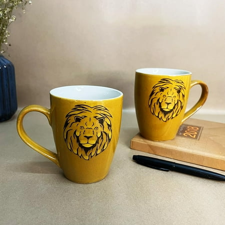 

Handcrafted Lion Printed Ceramic Coffee Mug Set Of 2 - 350ml Each | Ceramic Mugs For Coffee Tea Milk - Microwave Safe & Dishwasher Safe