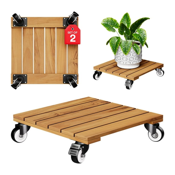 Idzo 2-Pack 12 Inch Acacia Wood Rolling Square Plant Caddy for Plant Pots, Heavy Duty Plant Stand with 360° Lockable Wheels, 264 lbs Cap