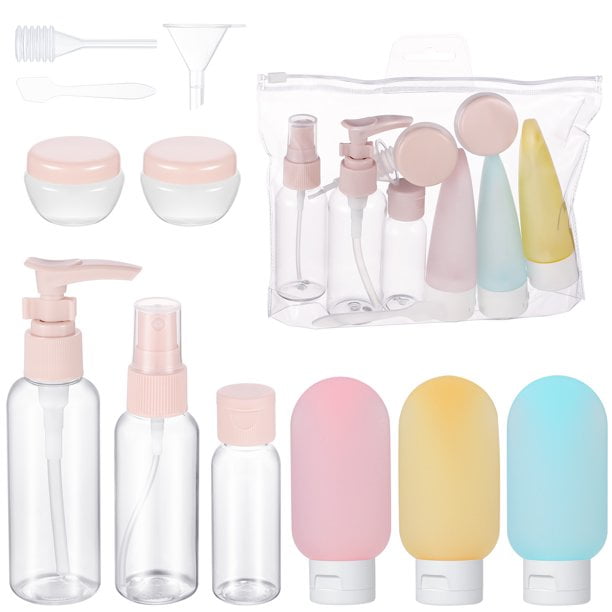 PIX-LINK Juego de 11 botellas de viaje, envases de tamaño de viaje, bañeras de viaje a prueba de fugas de silicona, envases rellenables de artículos de tocador para champú y loción, líquidos de jabón PIX-LINK Almacenamiento de baño