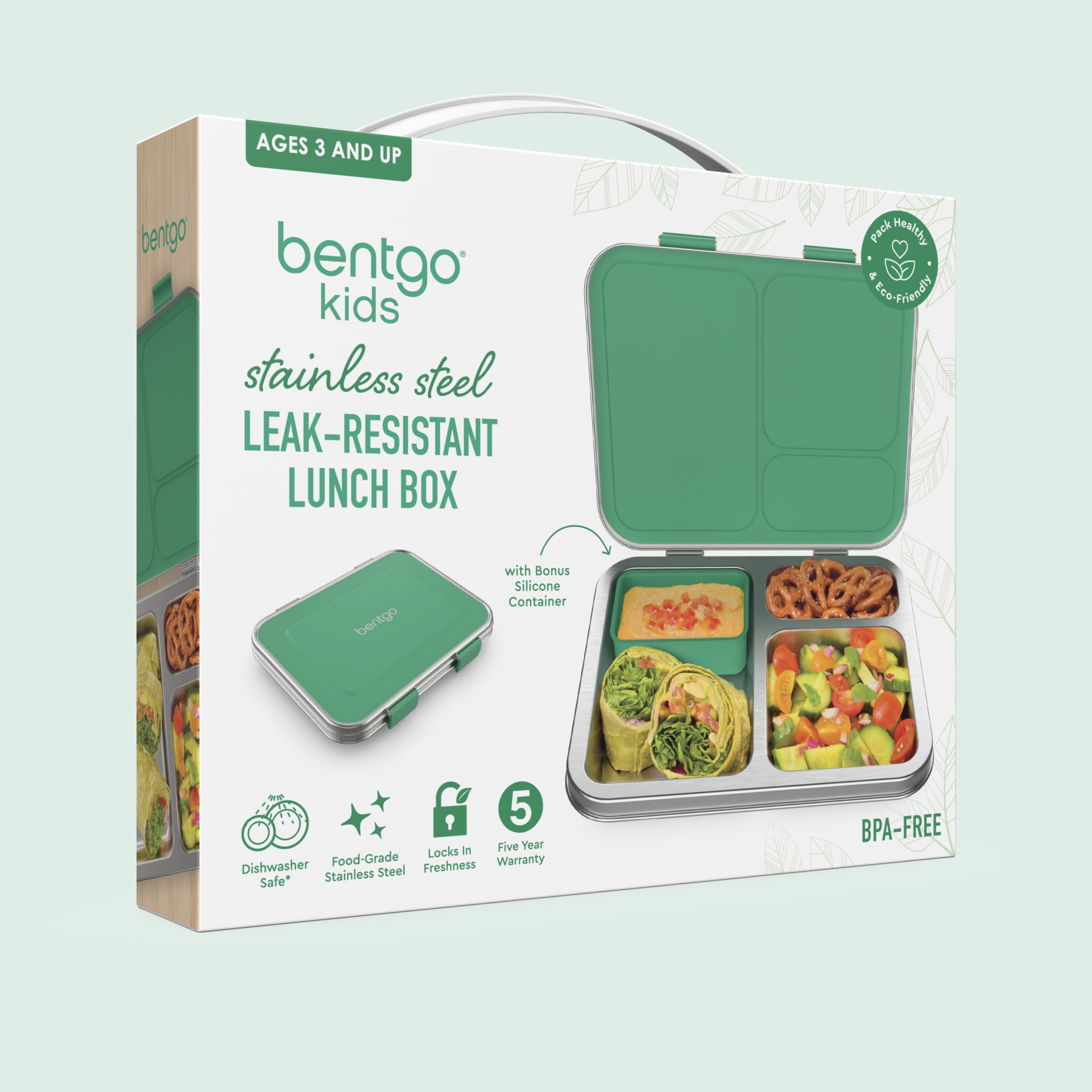 Bentgo Kids Stainless Steel Leak-Resistant Lunch Box - 3-Compartments with Bonus Silicone Container, Durable, Eco-Friendly, Dishwasher Safe, BPA-Free, Ideal for School, Ages 3+ (Green)