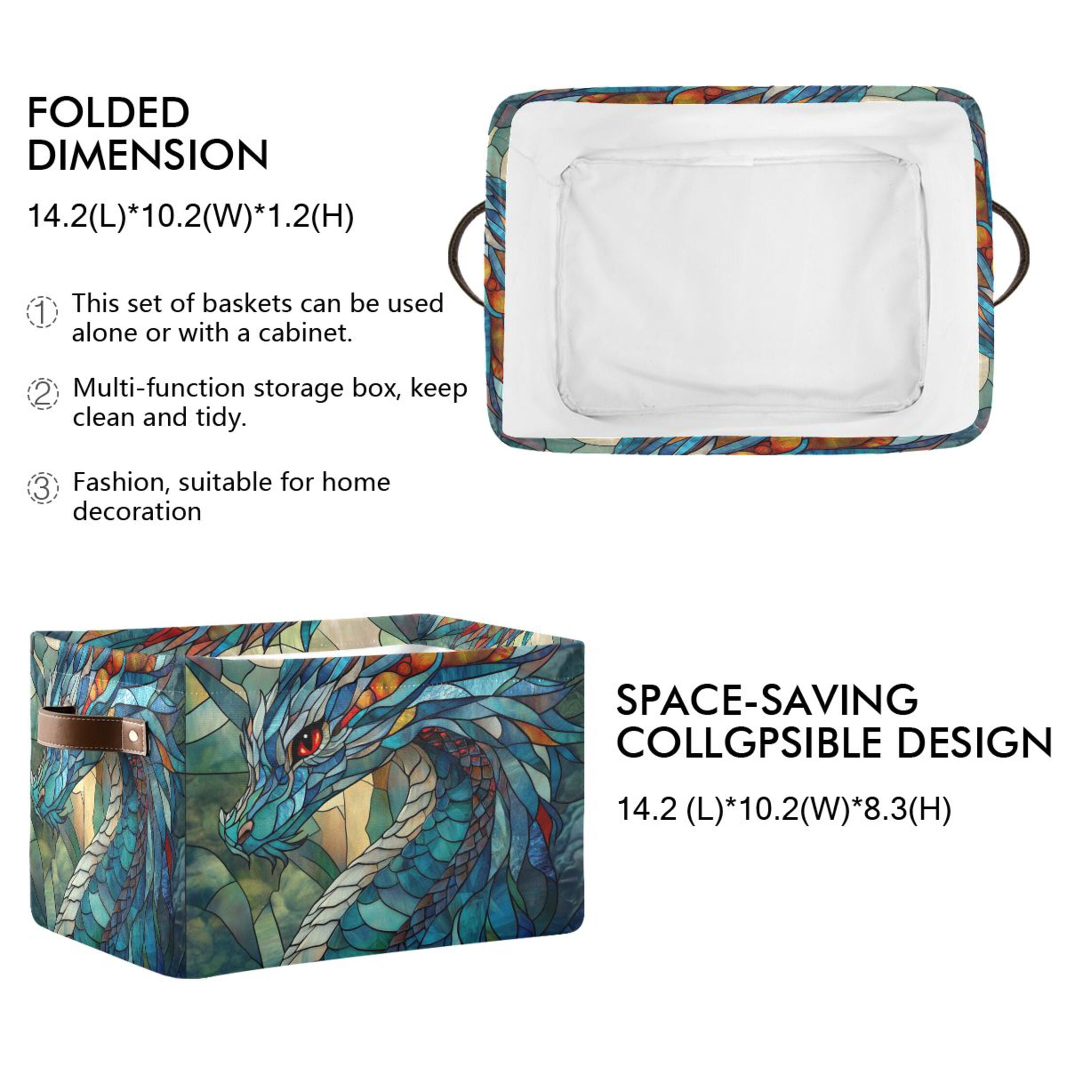 Stained Glass Dragon Foldable Storage Basket,Canvas Fabric Foldable Storage Bins with Handles Open Home Storage Bins Boxes for Toy Book Shelf Closet Baskets